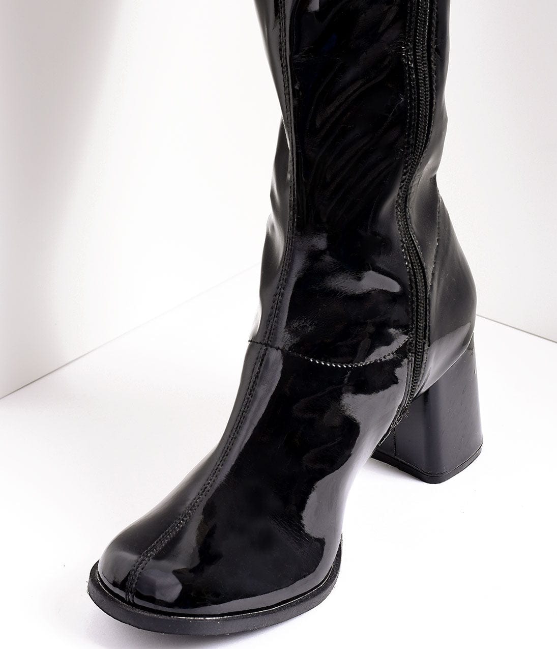 Black Patent Knee High Go Go Boots - Unique Vintage - Womens, SHOES, BOOTS
