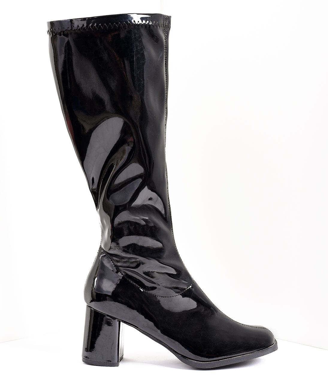 Black Patent Knee High Go Go Boots - Unique Vintage - Womens, SHOES, BOOTS