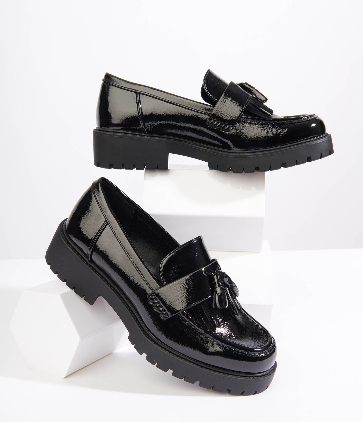 Black Patent Leatherette Chunky Loafers - Unique Vintage - Womens, SHOES, LOAFERS