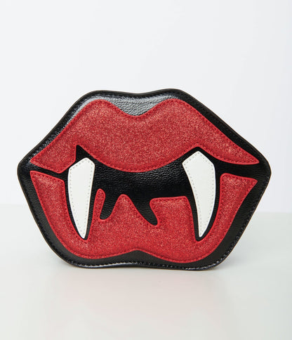 Black Patent Leatherette Glitter Vampire Mouth Crossbody Bag - Unique Vintage - Womens, ACCESSORIES, HANDBAGS