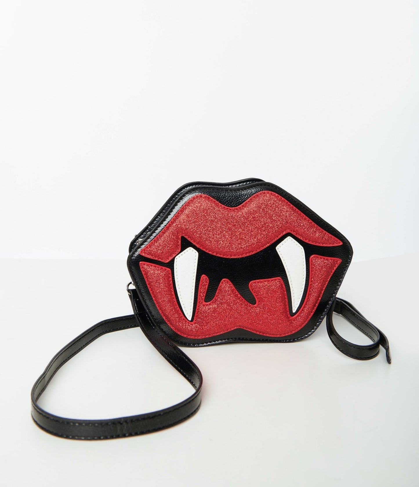 Black Patent Leatherette Glitter Vampire Mouth Crossbody Bag - Unique Vintage - Womens, ACCESSORIES, HANDBAGS