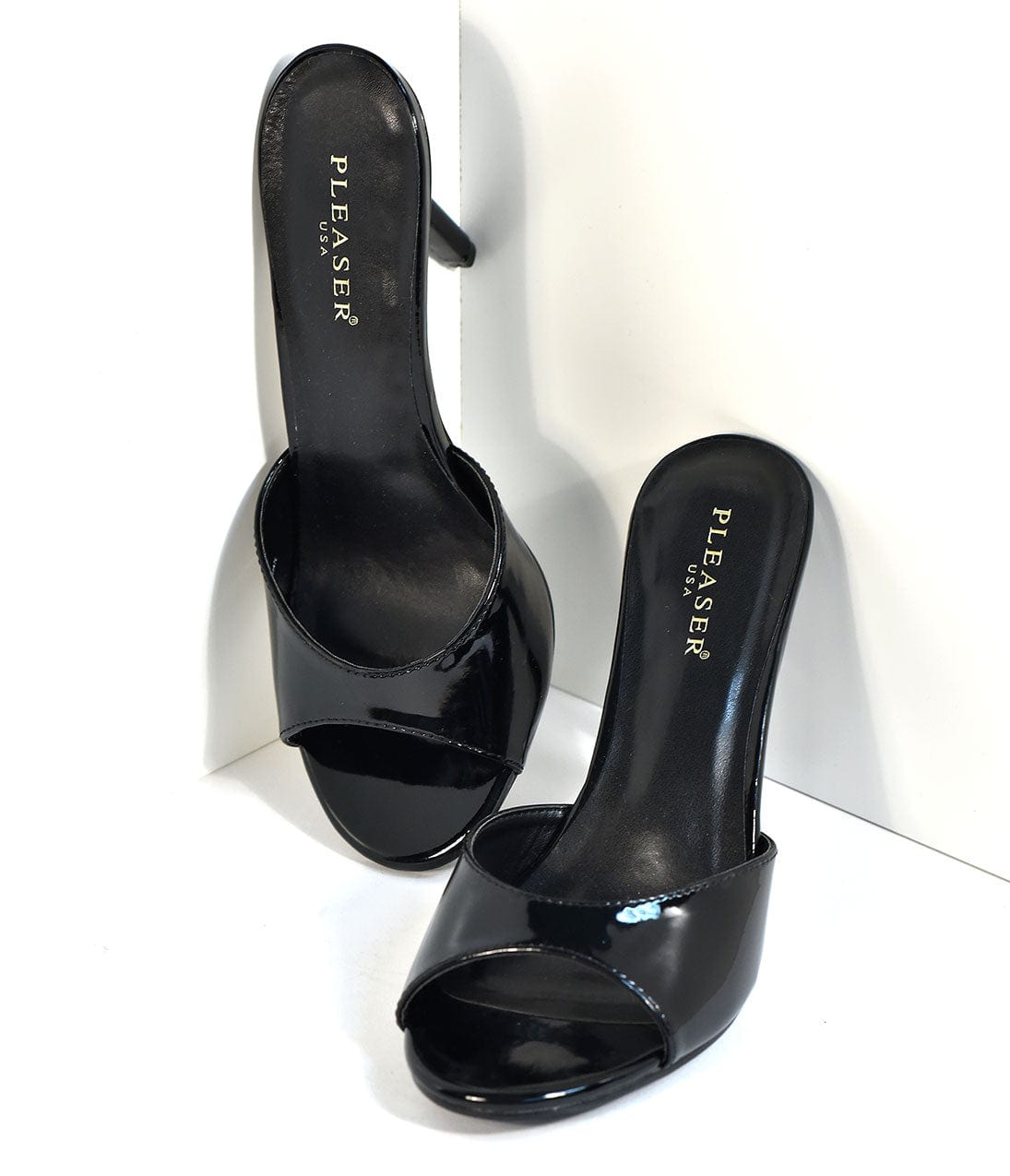 Black Patent Leatherette Peep Toe Slip On Heels - Unique Vintage - Womens, SHOES, HEELS