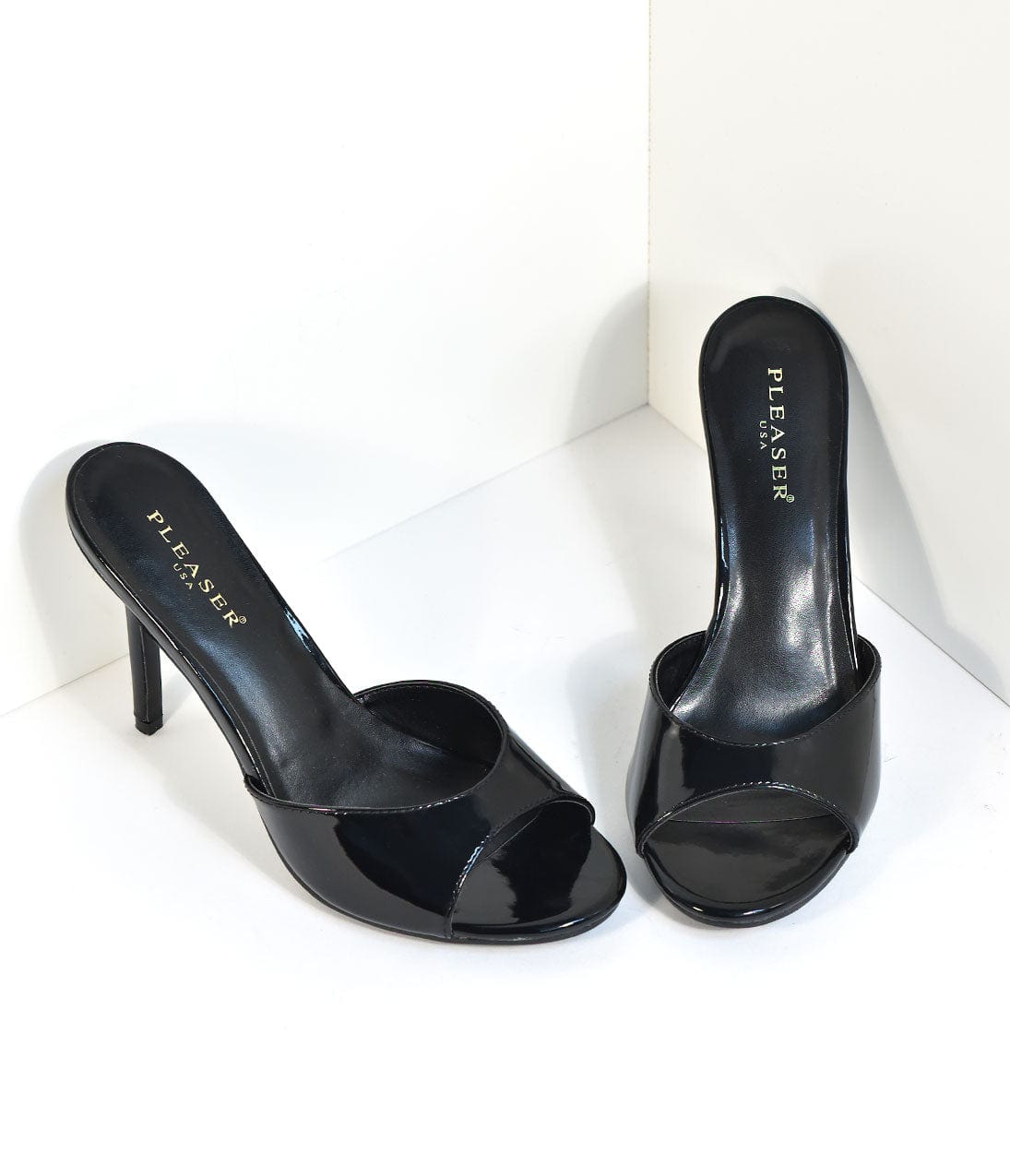 Black Patent Leatherette Peep Toe Slip On Heels - Unique Vintage - Womens, SHOES, HEELS