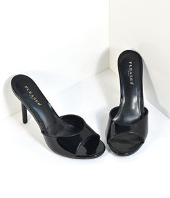 Black Patent Leatherette Peep Toe Slip On Heels – Unique Vintage