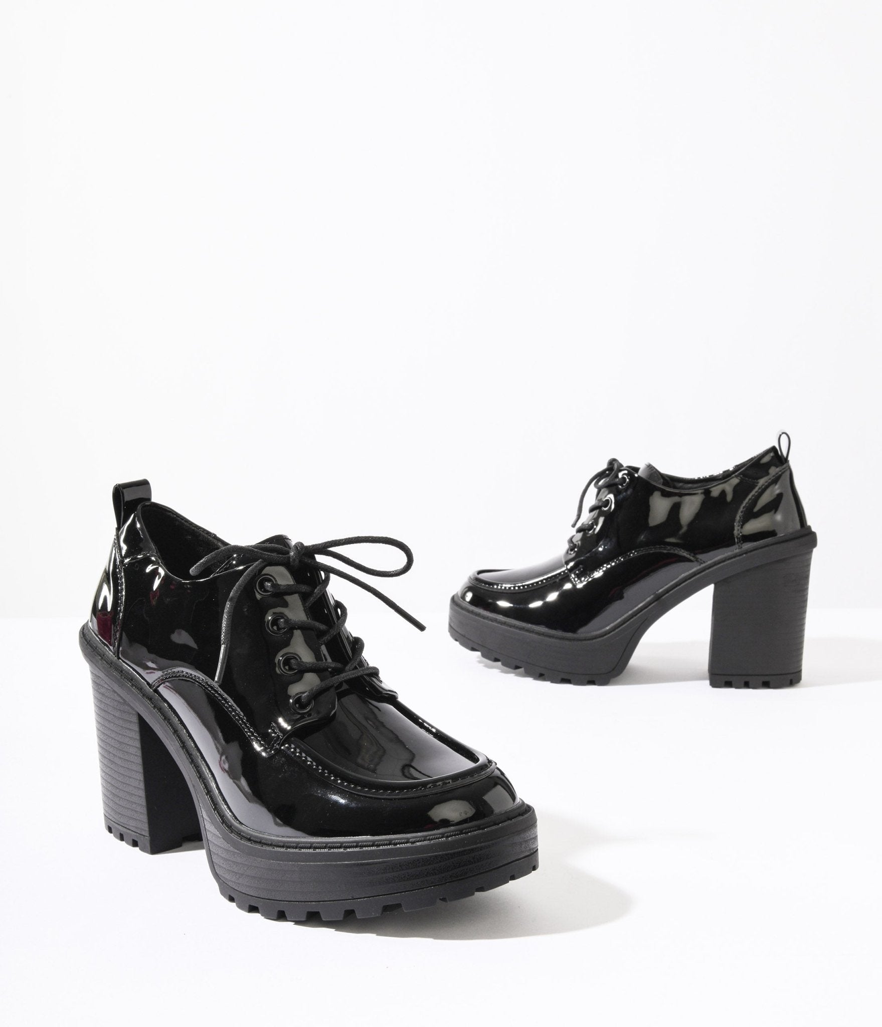 Black Patent Leatherette Platform Oxford Heels - Unique Vintage - Womens, SHOES, OXFORDS