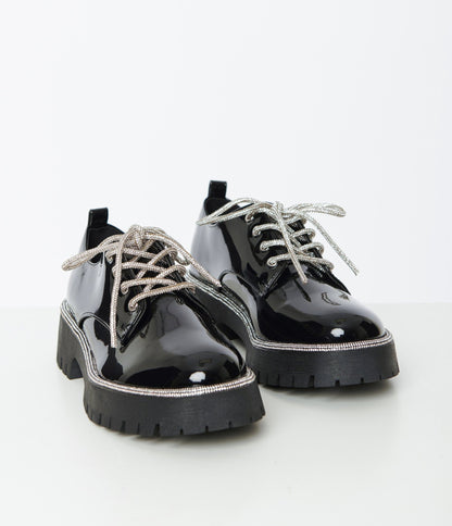 Black Patent Leatherette Platform Oxford Shoes - Unique Vintage - Womens, SHOES, FLATS