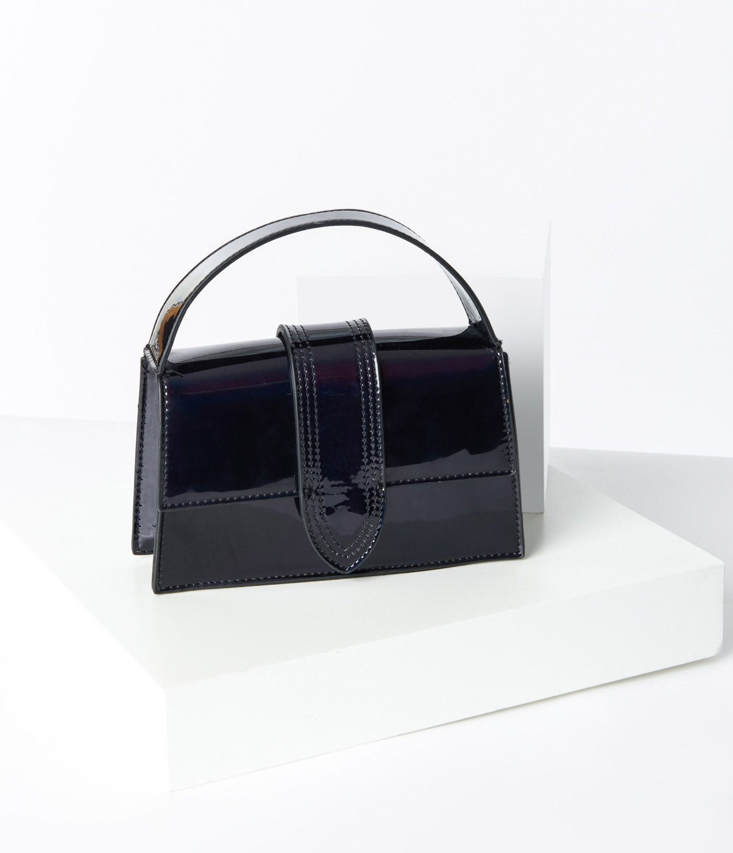 Black Patent Leatherette Square Handbag – Unique Vintage
