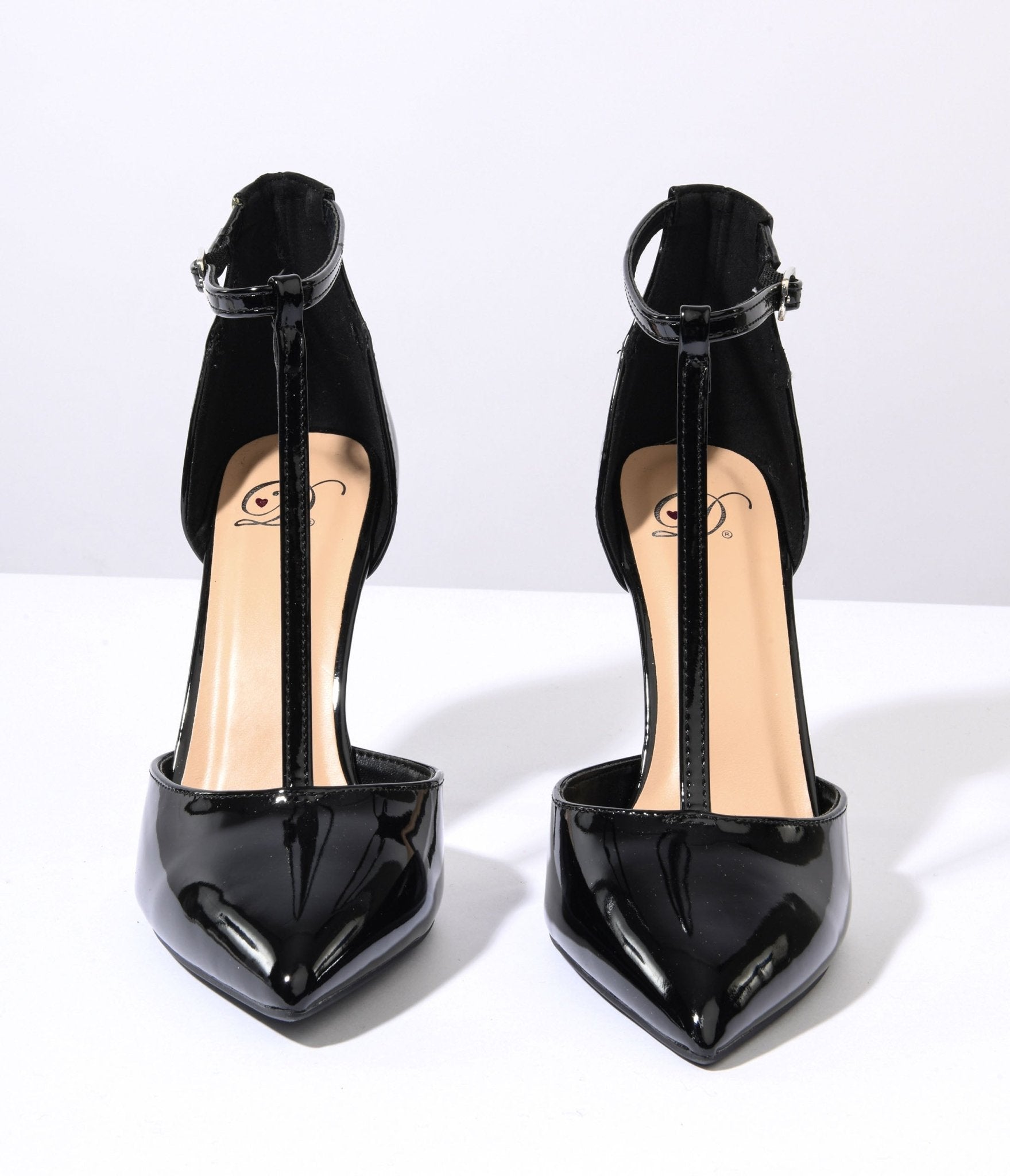 Black Patent Leatherette T-Strap Stiletto Heels - Unique Vintage - Womens, SHOES, HEELS