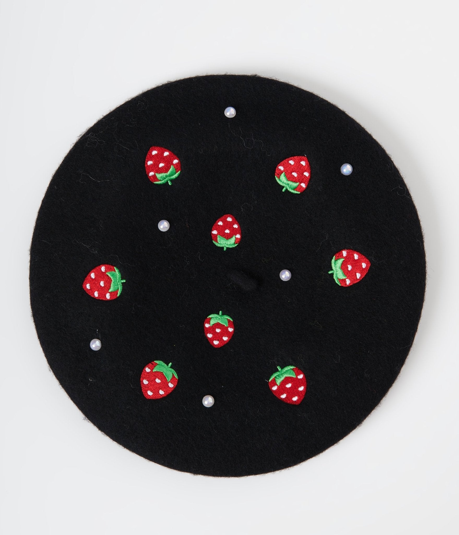 Black Pearl & Strawberry Embroidered Beret - Unique Vintage - Womens, ACCESSORIES, HATS