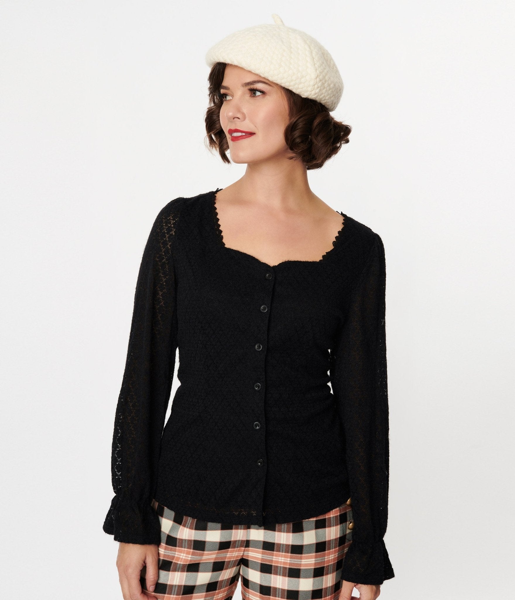 Black Perforated Diamond Knit Cardigan - Unique Vintage - Womens, TOPS, SWEATERS