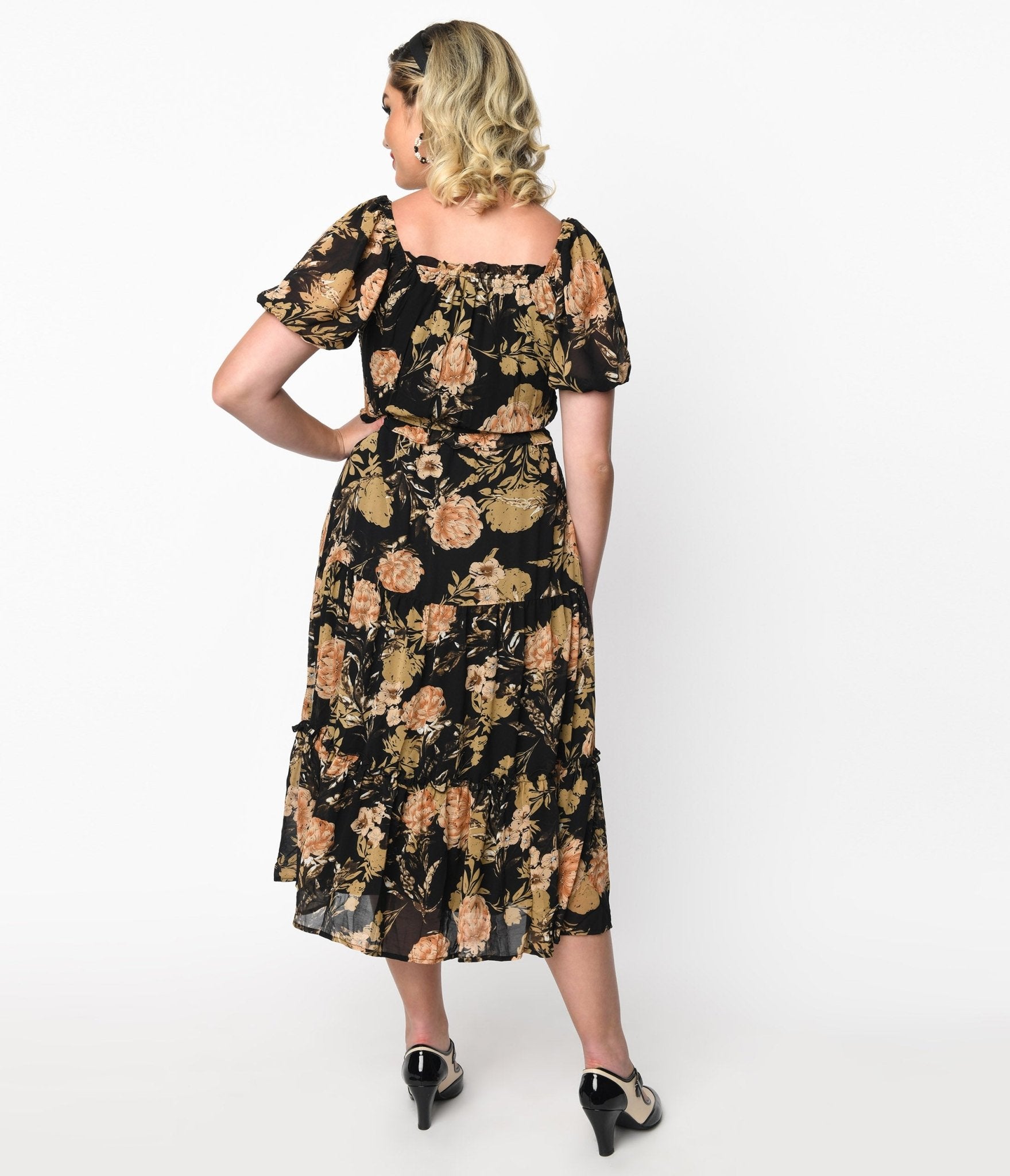 Black & Pink Antique Floral Smocked Puff Sleeve Midi Dress - Unique Vintage - Womens, DRESSES, MIDI