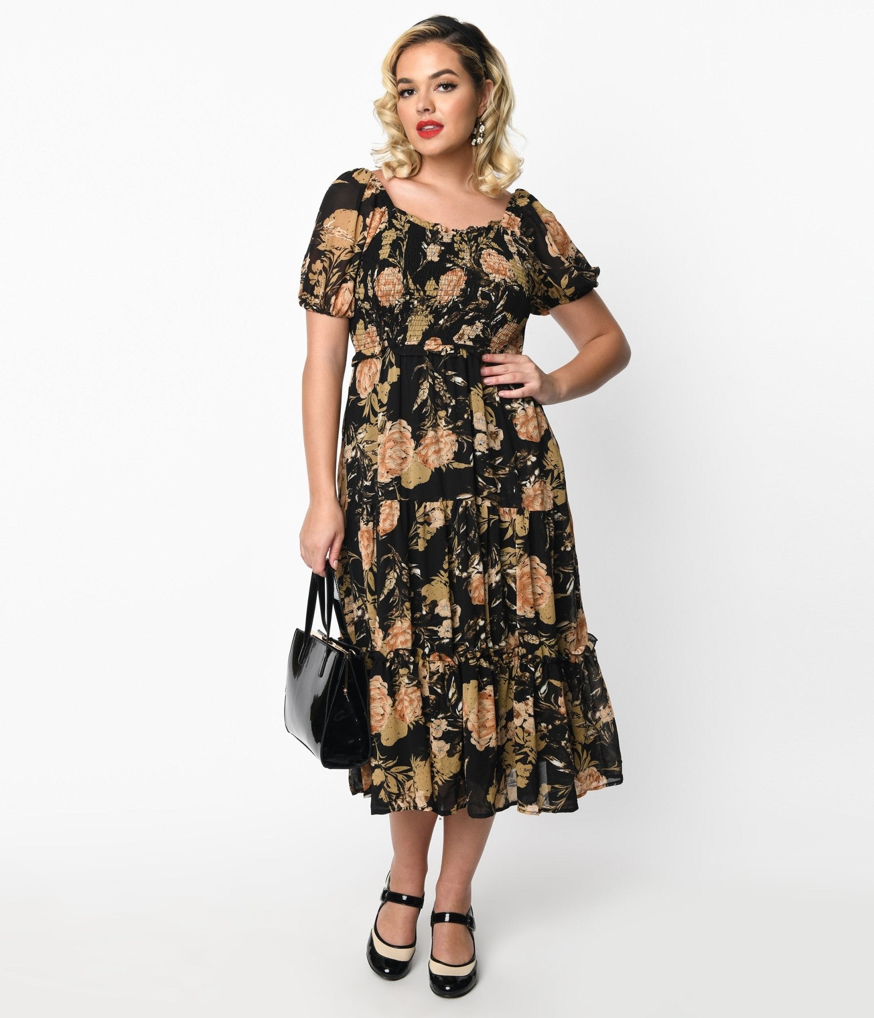 Black & Pink Antique Floral Smocked Puff Sleeve Midi Dress - Unique Vintage - Womens, DRESSES, MIDI