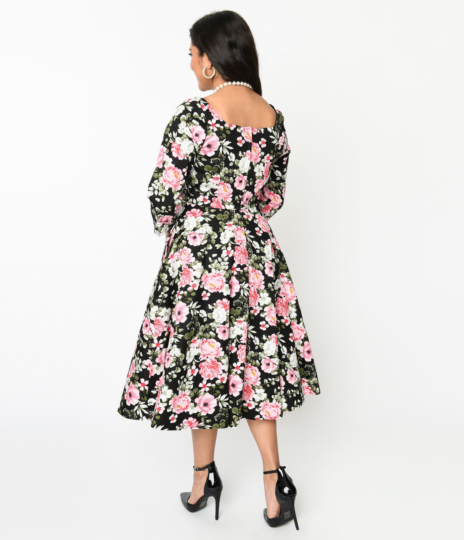 Black Pink Bloom Swing Dress - Unique Vintage - Womens, DRESSES, SWING