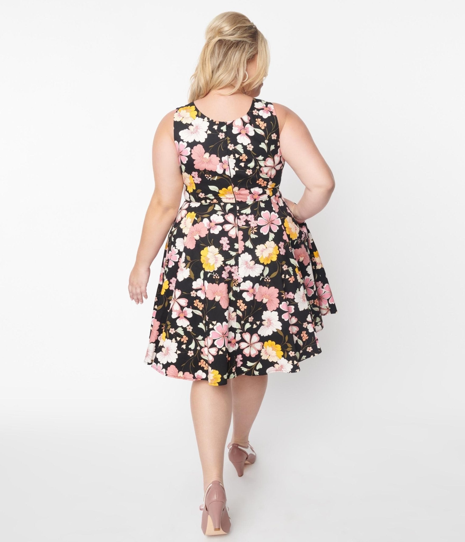 Black & Pink Cherry Blossom Swing Dress - Unique Vintage - Womens, DRESSES, FIT AND FLARE