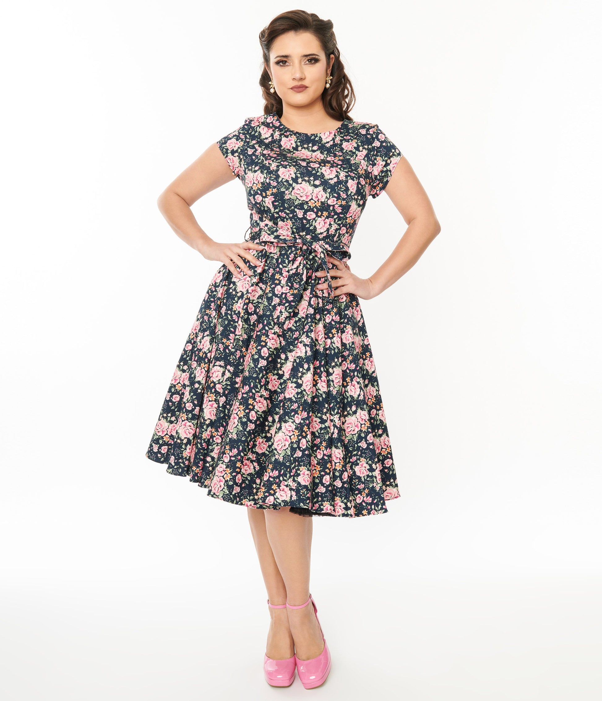 Black & Pink Floral Cleo Swing Dress - Unique Vintage - Womens, DRESSES, SWING