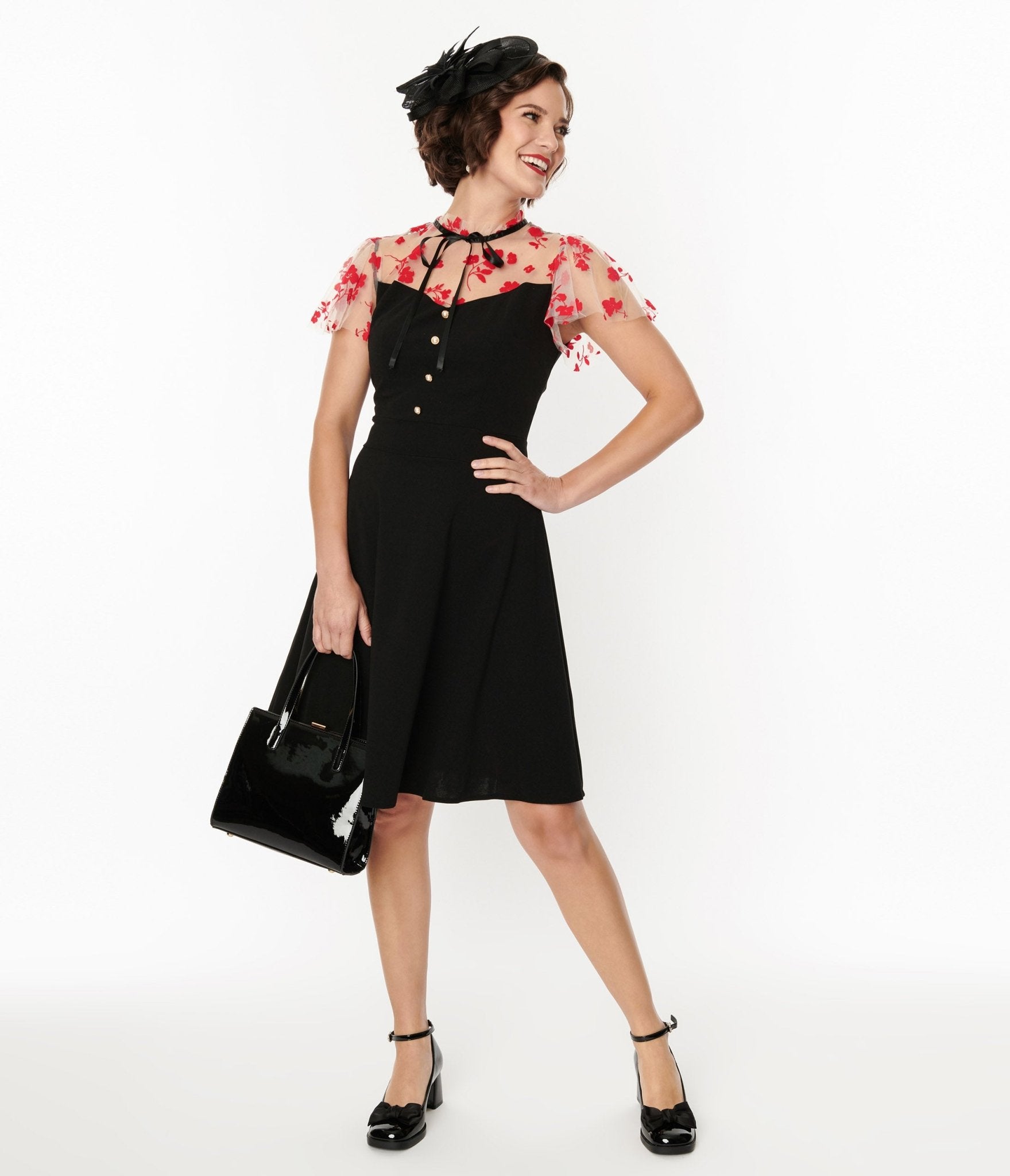 Black & Pink Floral Mesh Illusion Neckline Flare Dress - Unique Vintage - Womens, DRESSES, FIT AND FLARE