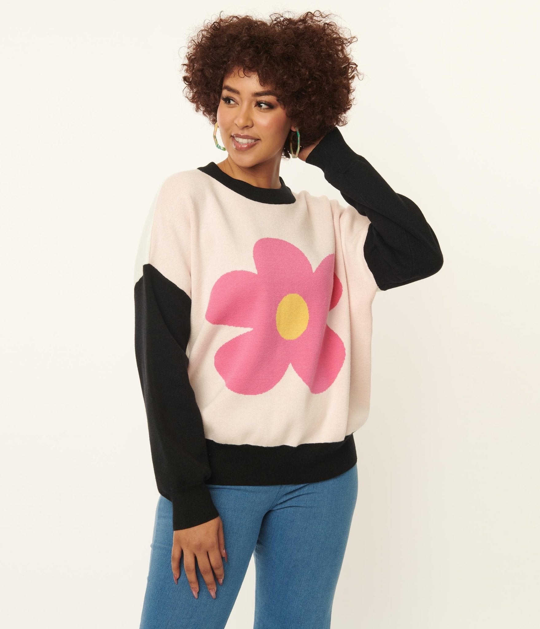 Black & Pink Flower Sweater - Unique Vintage - Womens, TOPS, SWEATERS