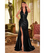 Cinderella Divine  Black Pleated Satin Halter Corset Evening Gown