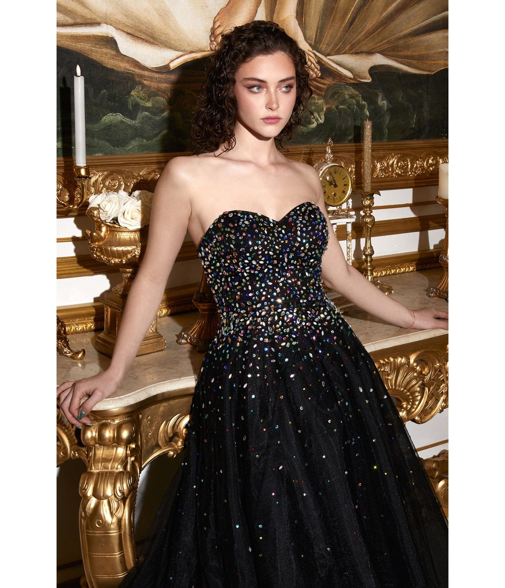 Black & Rainbow Jewel Strapless Prom Ball Gown - Unique Vintage - Womens, DRESSES, PROM AND SPECIAL OCCASION