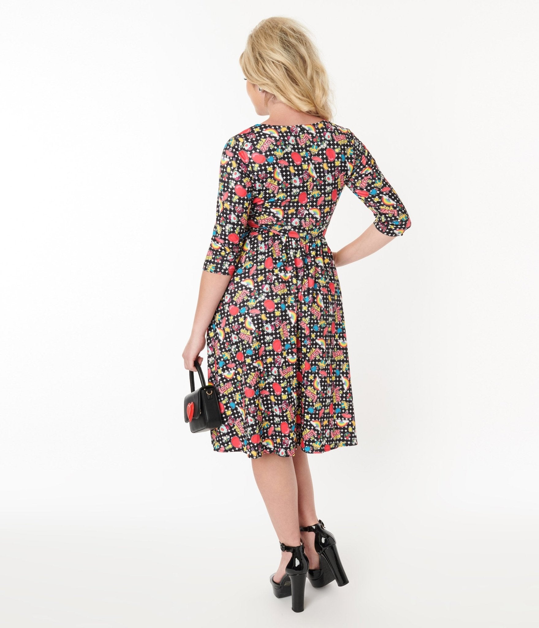 Black & Rainbow Retro Print Flare Dress - Unique Vintage - Womens, DRESSES, FIT AND FLARE