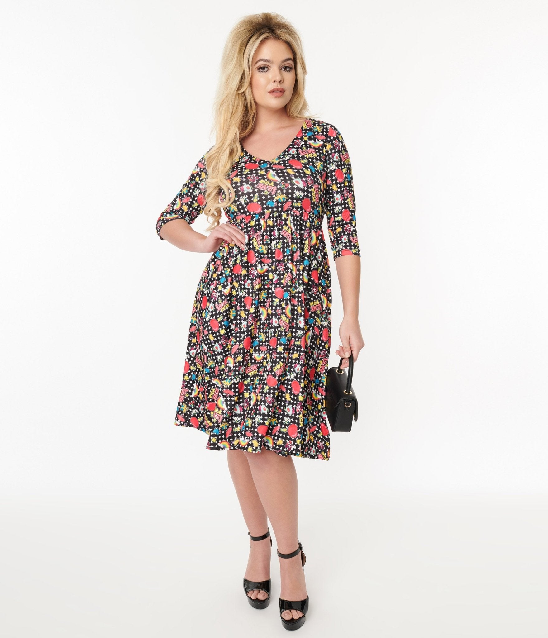 Black & Rainbow Retro Print Flare Dress - Unique Vintage - Womens, DRESSES, FIT AND FLARE