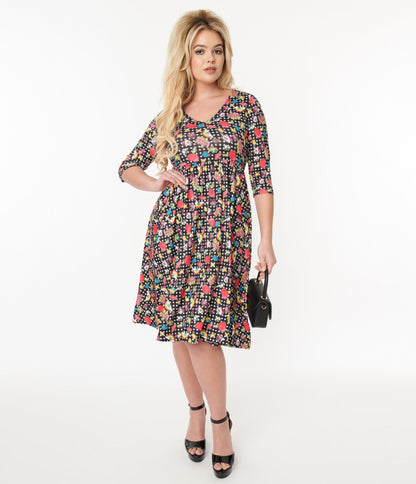 Black & Rainbow Retro Print Flare Dress - Unique Vintage - Womens, DRESSES, FIT AND FLARE