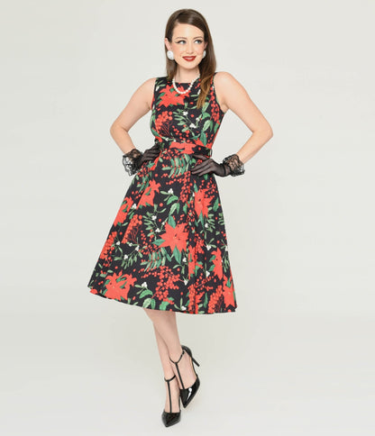 Black & Red Poinsettia Swing Dress - Unique Vintage - Womens, DRESSES, SWING