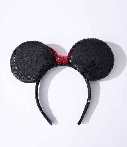 Black & Red Polka Bot Sequin Mouse Headband - Unique Vintage - Womens, ACCESSORIES, HAIR