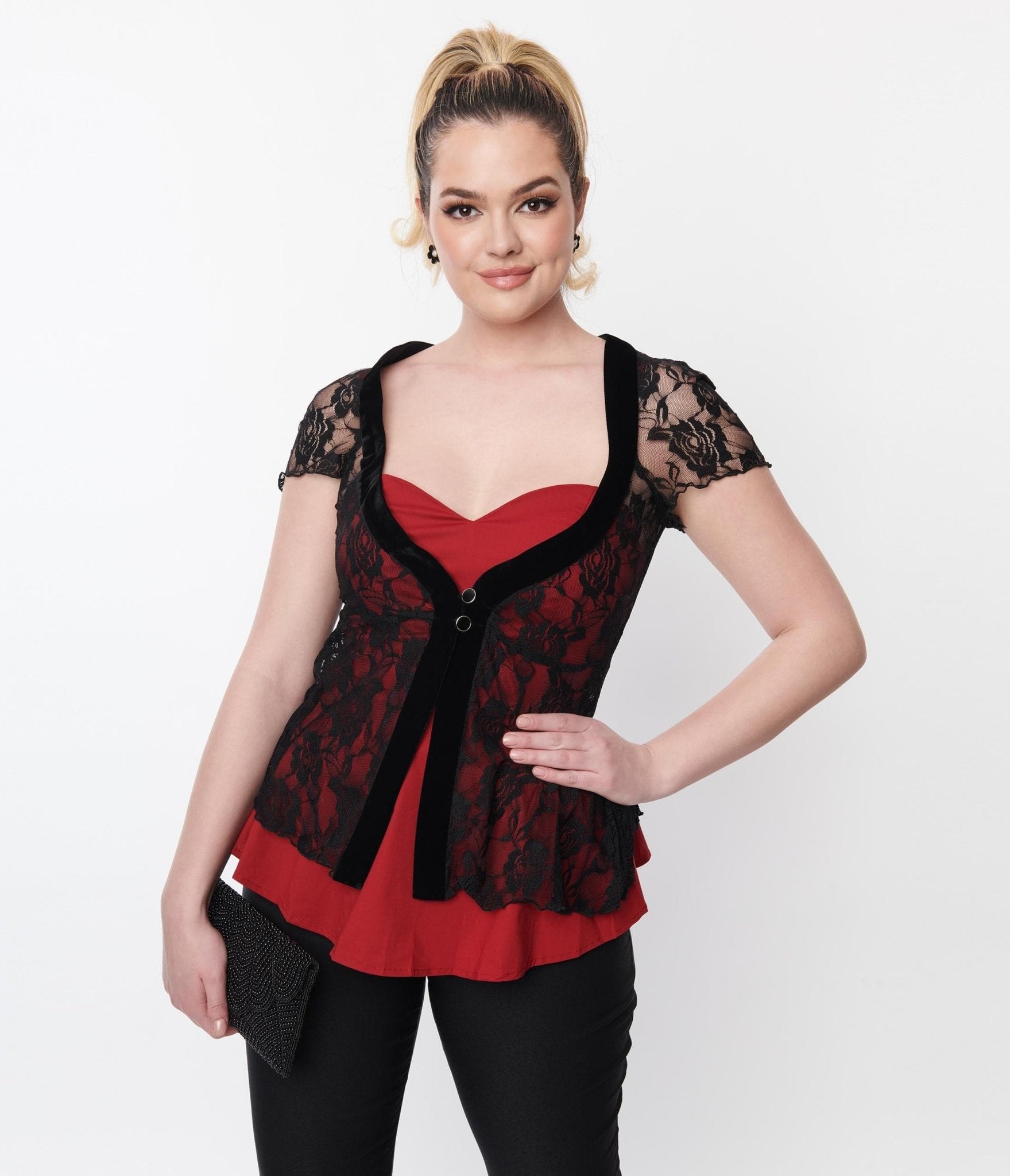 Black & Red Rose Lace Top - Unique Vintage - Womens, TOPS, WOVEN TOPS