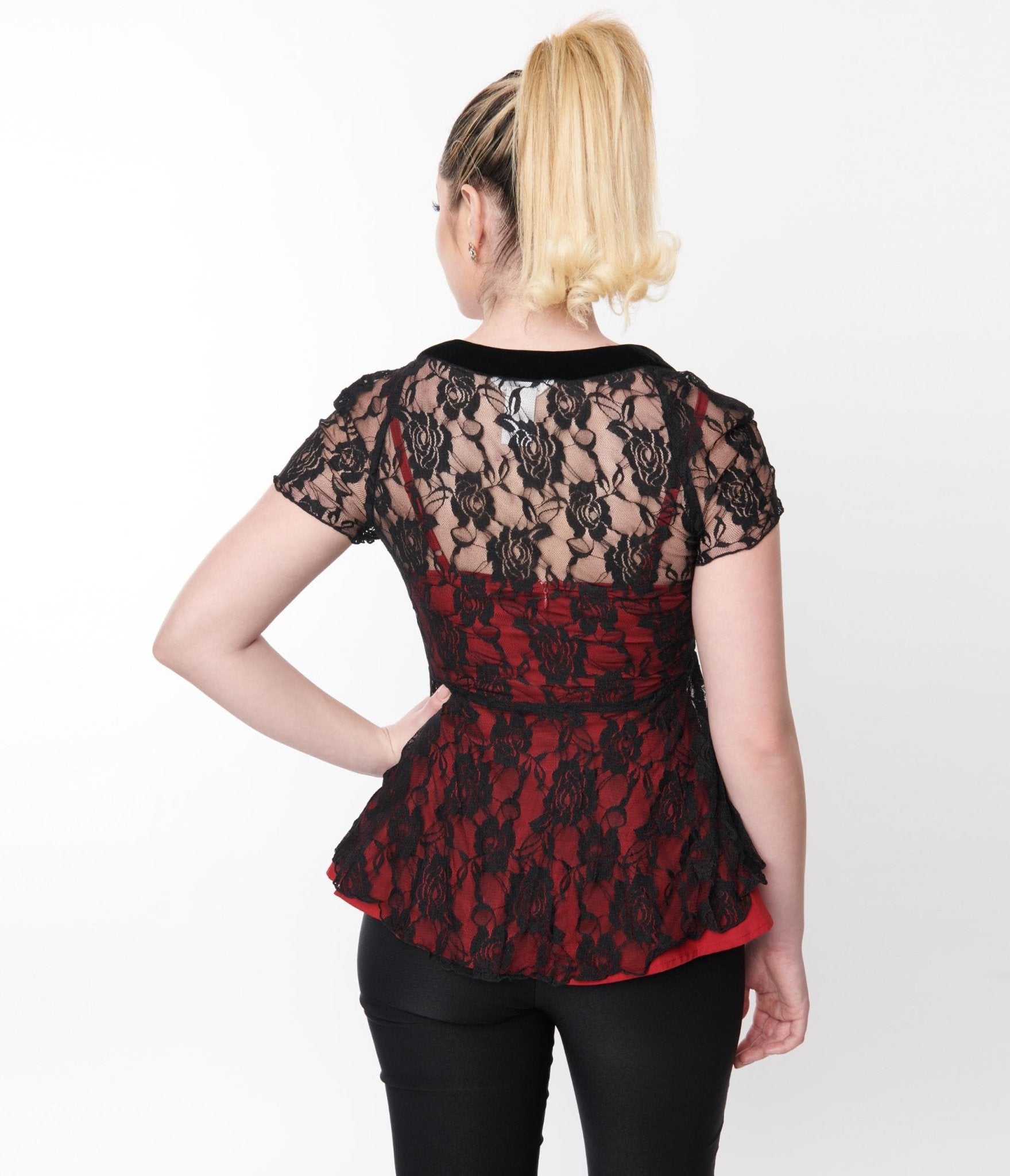 Black & Red Rose Lace Top - Unique Vintage - Womens, TOPS, WOVEN TOPS