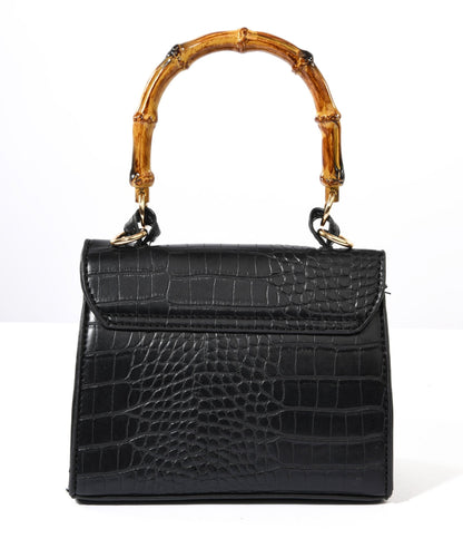 Black Reptile Embossed Bamboo Handle Handbag - Unique Vintage - Womens, ACCESSORIES, HANDBAGS