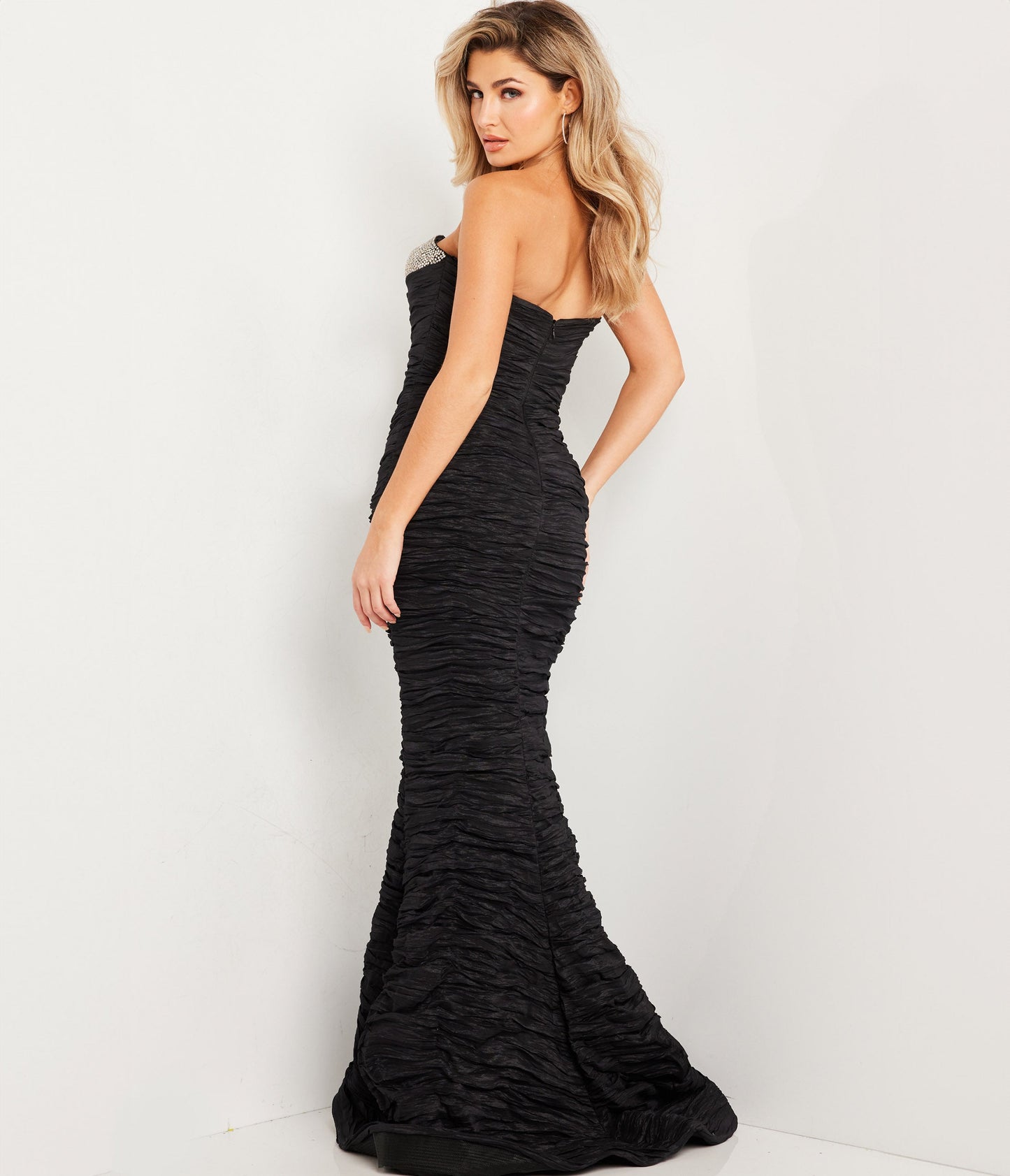 Black Rhinestone Embellished Strapless Shirred Mermaid Prom Dress - Unique Vintage - Womens, DRESSES, PROM AND SPECIAL OCCASION