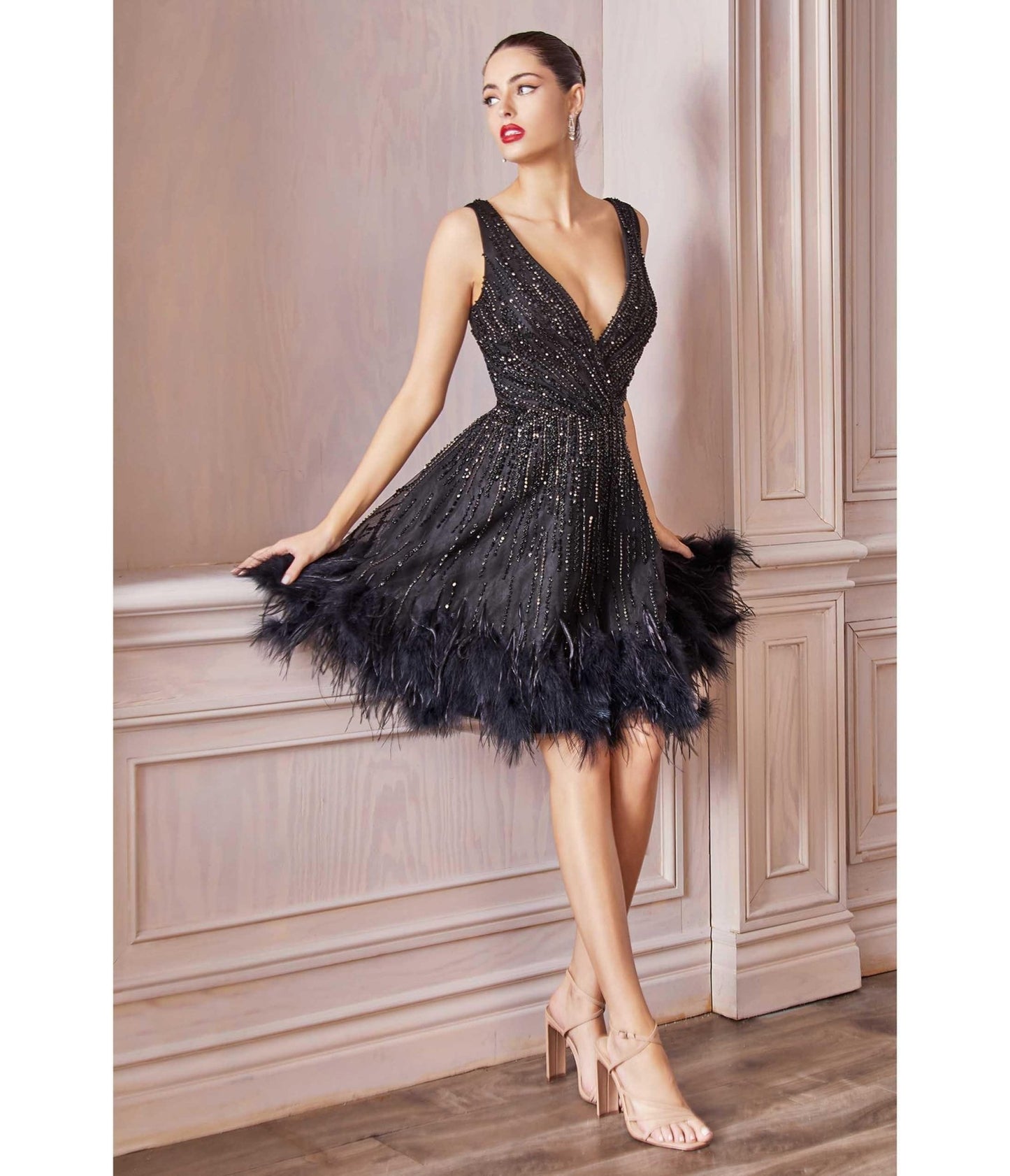 Black Rhinestone & Feather Hem Bridesmaid Cocktail Dress - Unique Vintage - Womens, DRESSES, PROM AND SPECIAL OCCASION