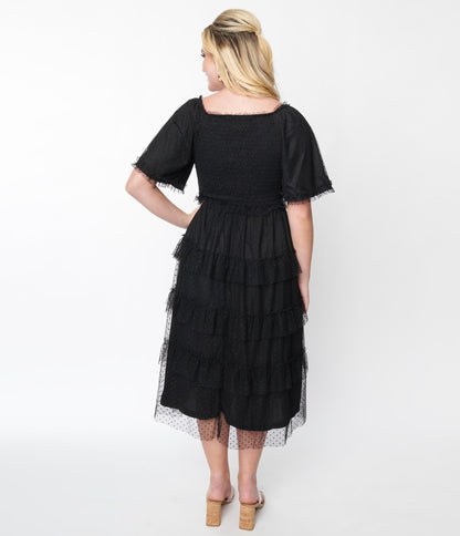 Black Ruffled Tiered Midi Dress - Unique Vintage - Womens, DRESSES, MIDI