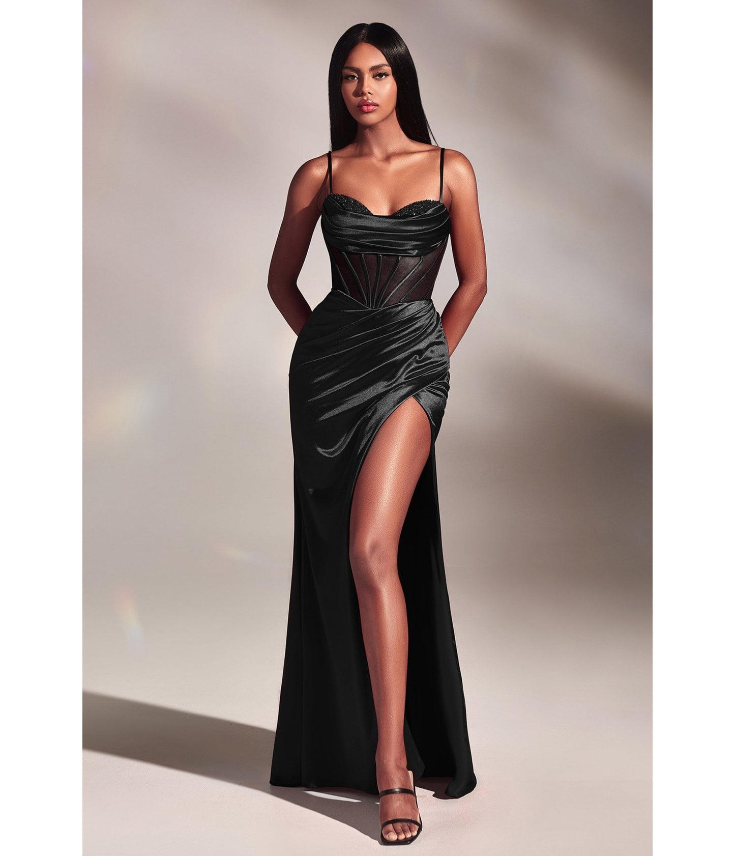 Black Satin Beaded Draped Corset Prom Dress - Unique Vintage - Womens, DRESSES, PROM AND SPECIAL OCCASION