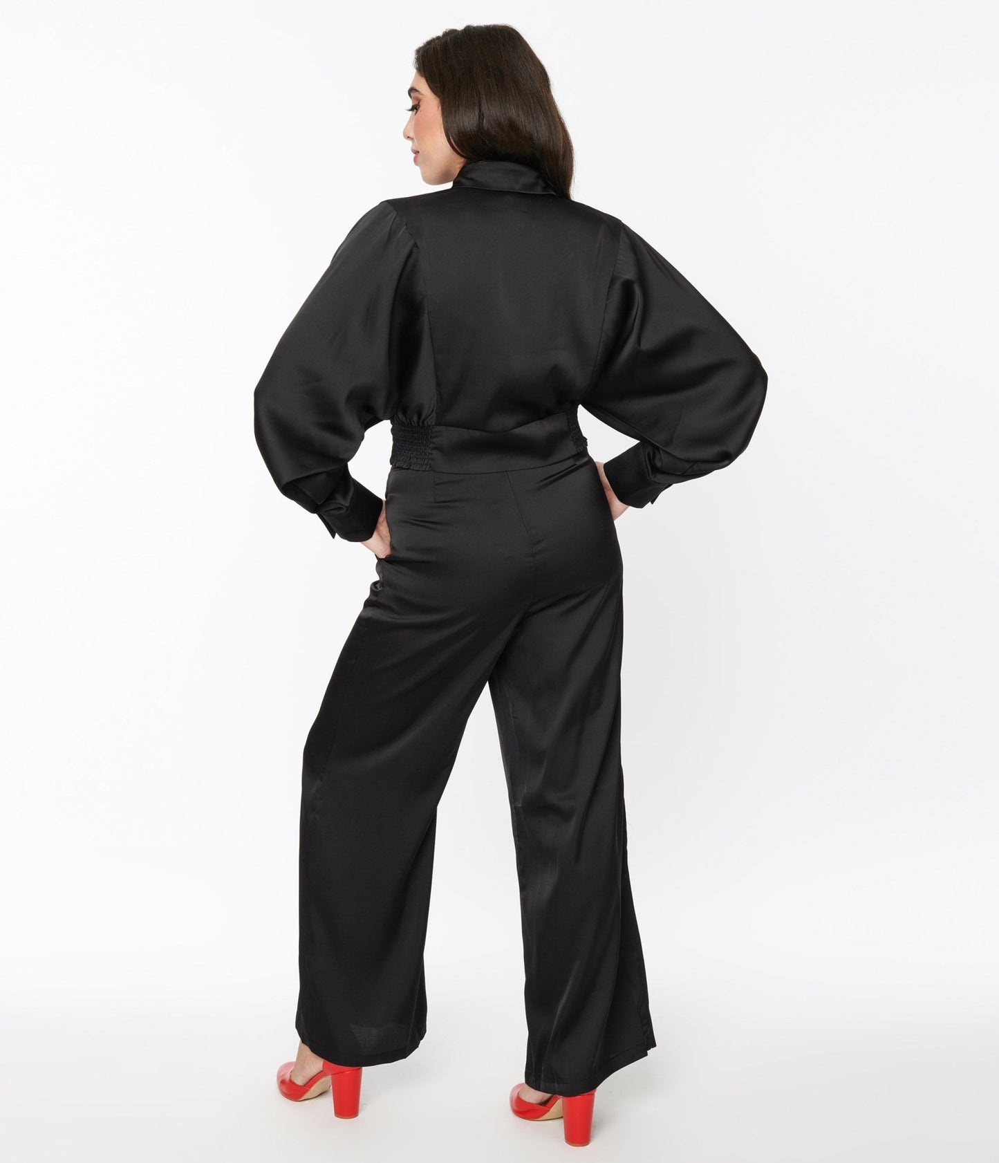 Black Satin Eva Suit Set - Unique Vintage - Womens, BOTTOMS, ROMPERS AND JUMPSUITS
