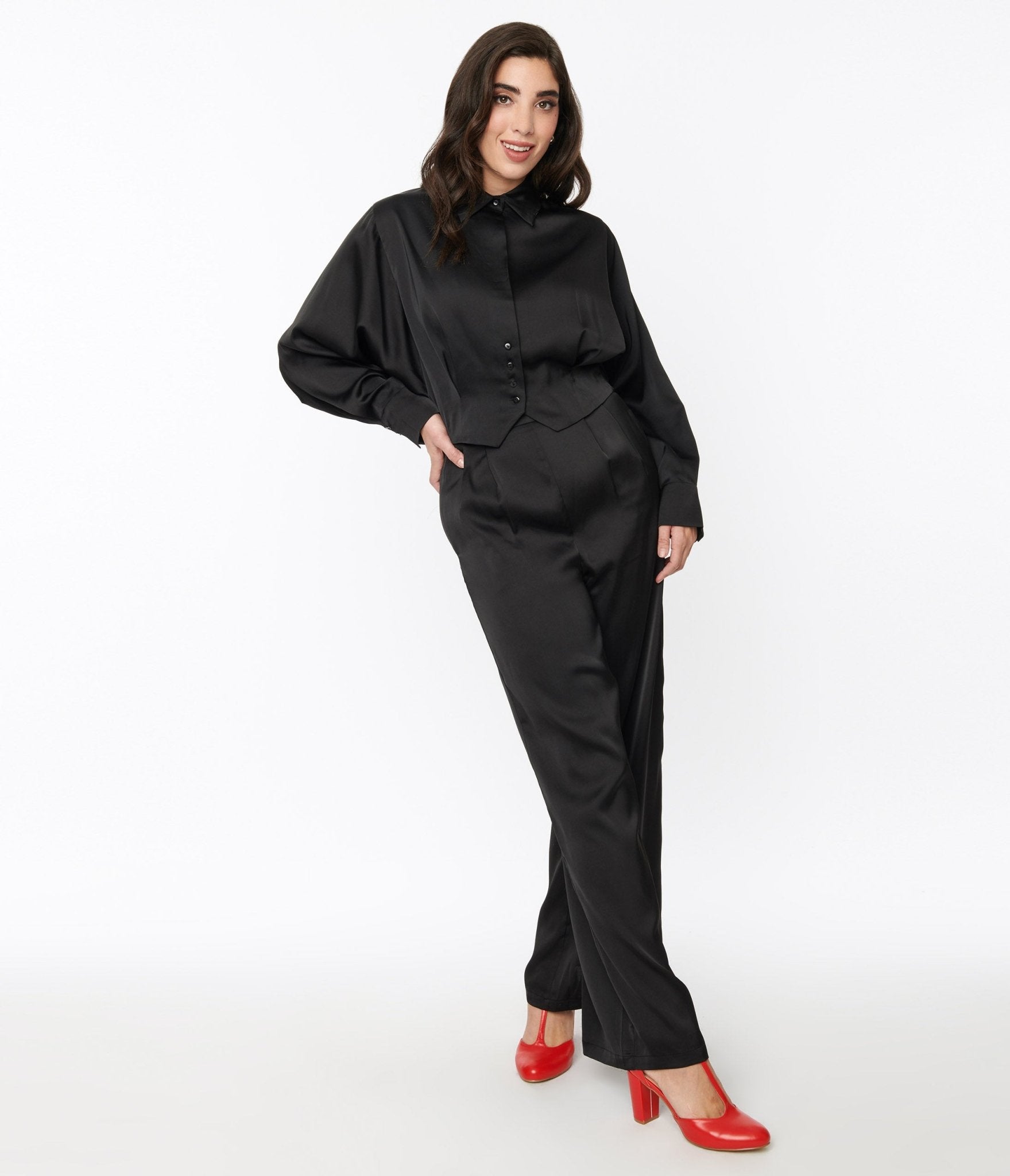 Black Satin Eva Suit Set - Unique Vintage - Womens, BOTTOMS, ROMPERS AND JUMPSUITS