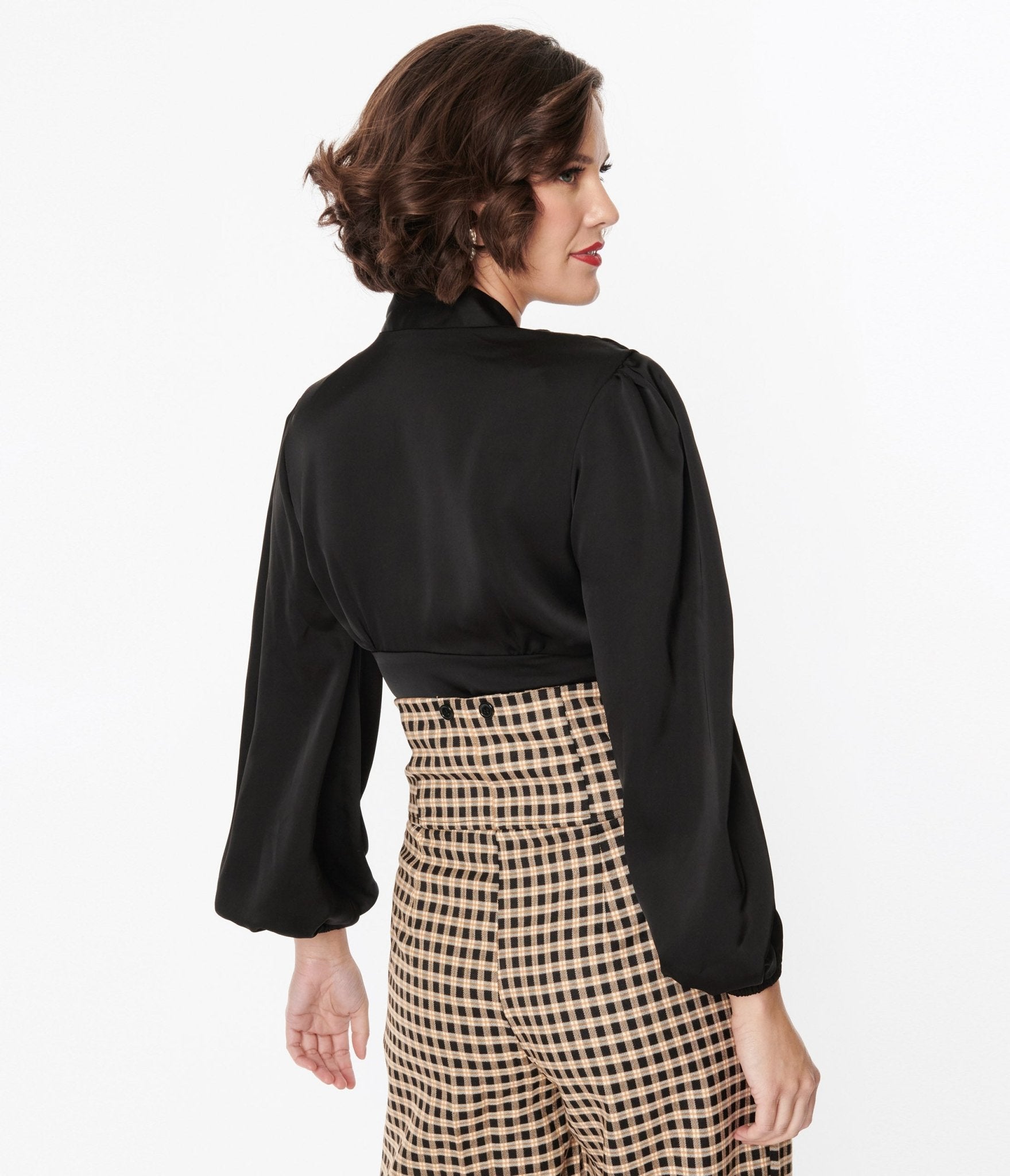 Black Satin Long Sleeve Blouse - Unique Vintage - Womens, TOPS, WOVEN TOPS