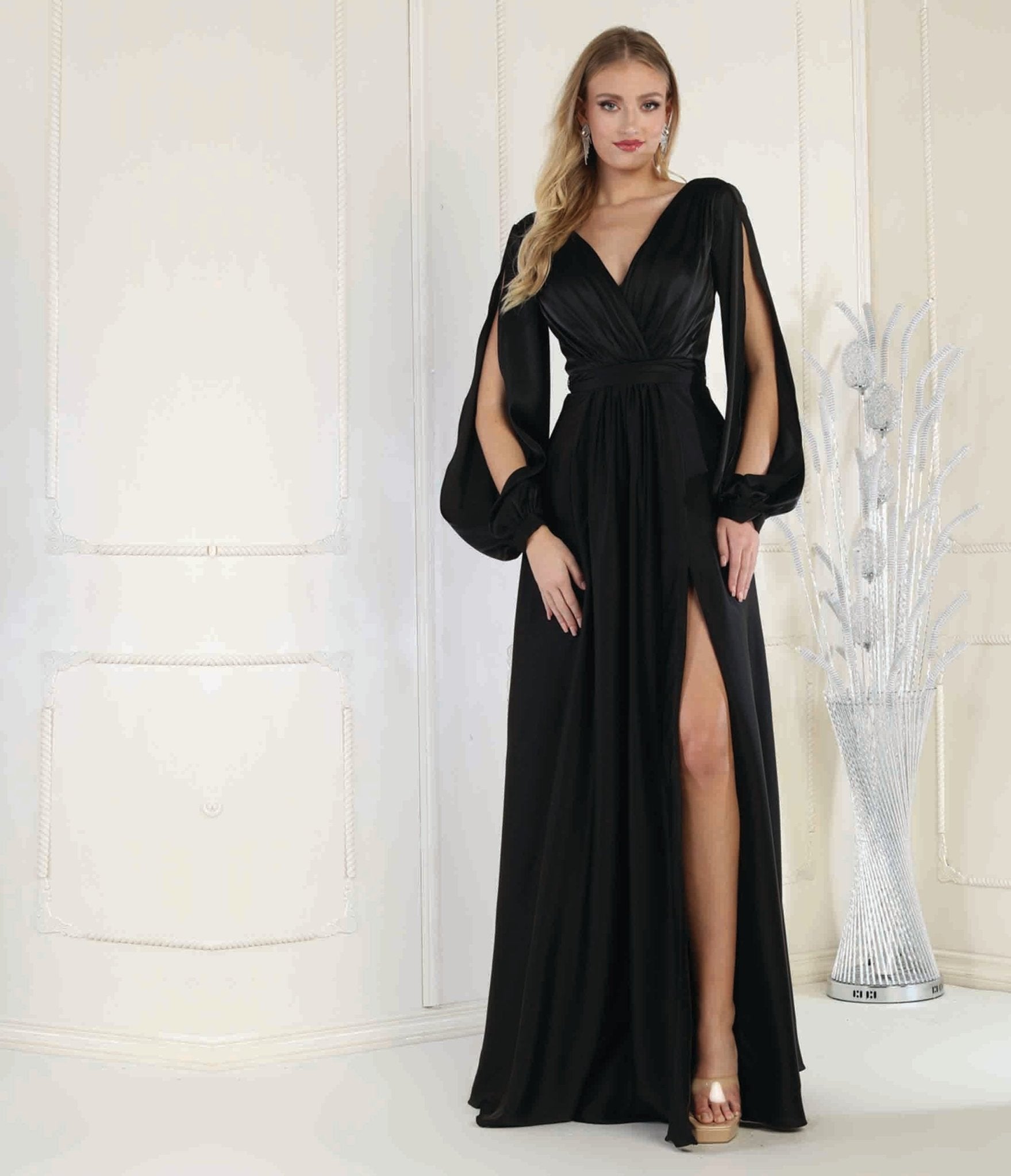 Evelyn Iridescent Satin Maxi Dress - Black - MESHKI U.S