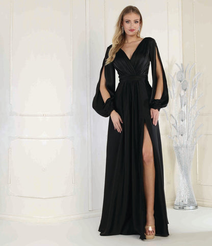 Black Satin Long Sleeve Goddess Gown - Unique Vintage - Womens, DRESSES, PROM AND SPECIAL OCCASION
