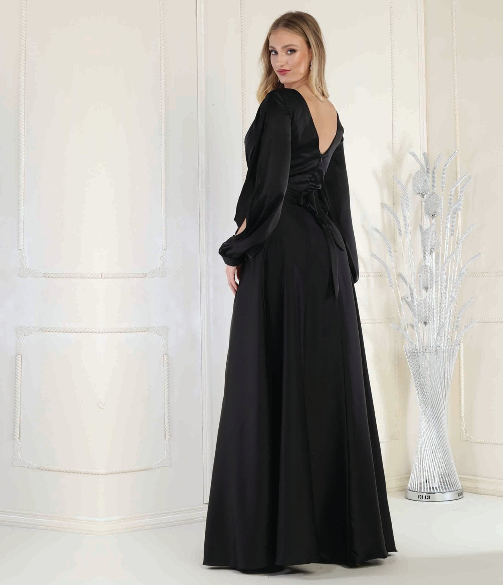 Black Satin Long Sleeve Goddess Gown - Unique Vintage - Womens, DRESSES, PROM AND SPECIAL OCCASION