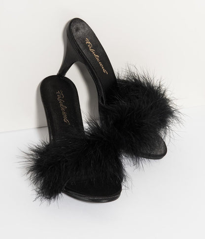 Black Satin & Marabou Feather Peep Toe Amour Heel Slipper - Unique Vintage - Womens, SHOES, HEELS