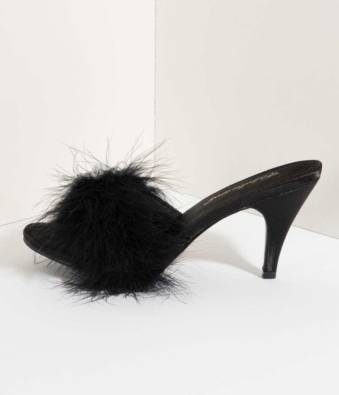 Black Satin & Marabou Feather Peep Toe Amour Heel Slipper - Unique Vintage - Womens, SHOES, HEELS