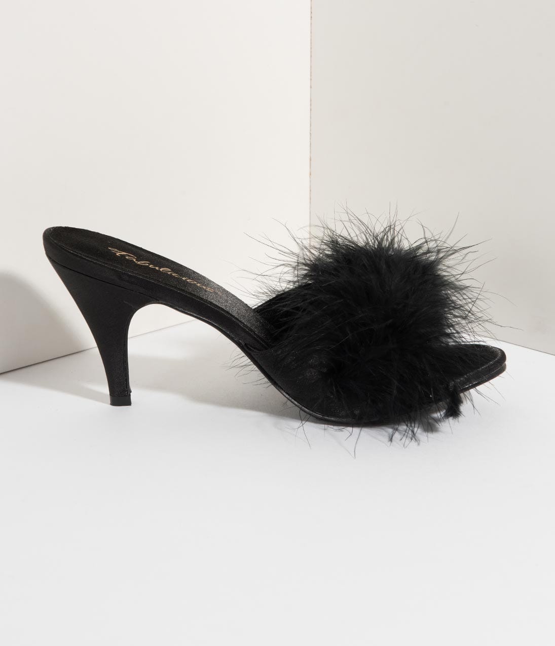 Black Satin & Marabou Feather Peep Toe Amour Heel Slipper - Unique Vintage - Womens, SHOES, HEELS