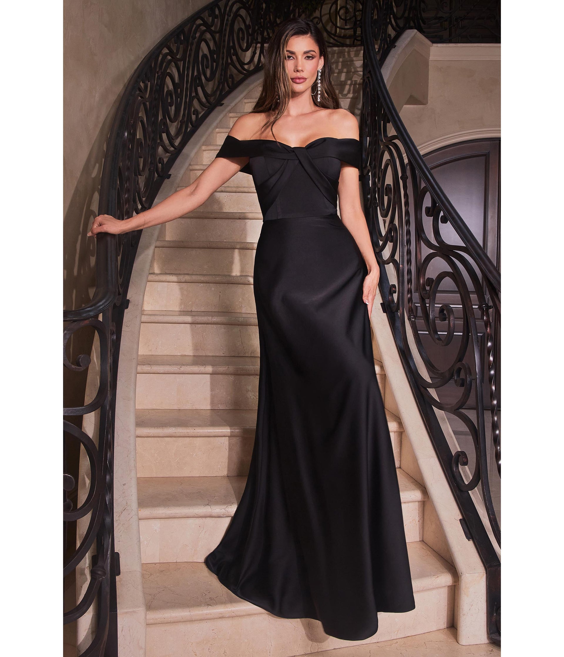 Black Satin Off The Shoulder Prom Gown - Unique Vintage - Womens, DRESSES, PROM AND SPECIAL OCCASION
