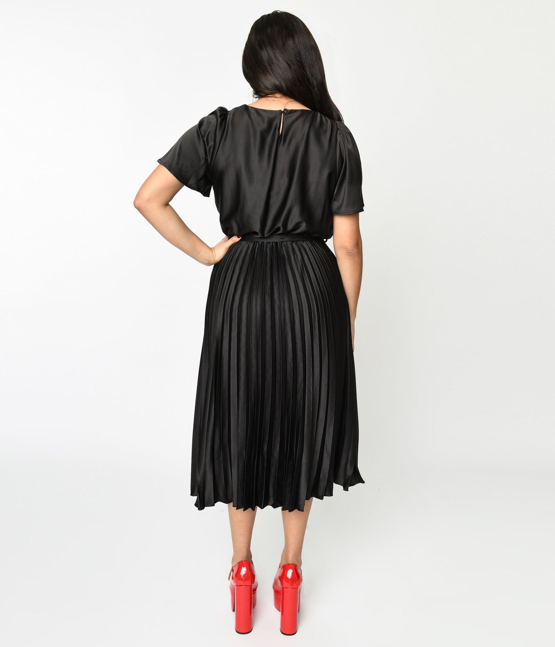 Black Satin Pleated Midi Dress - Unique Vintage - Womens, DRESSES, MIDI