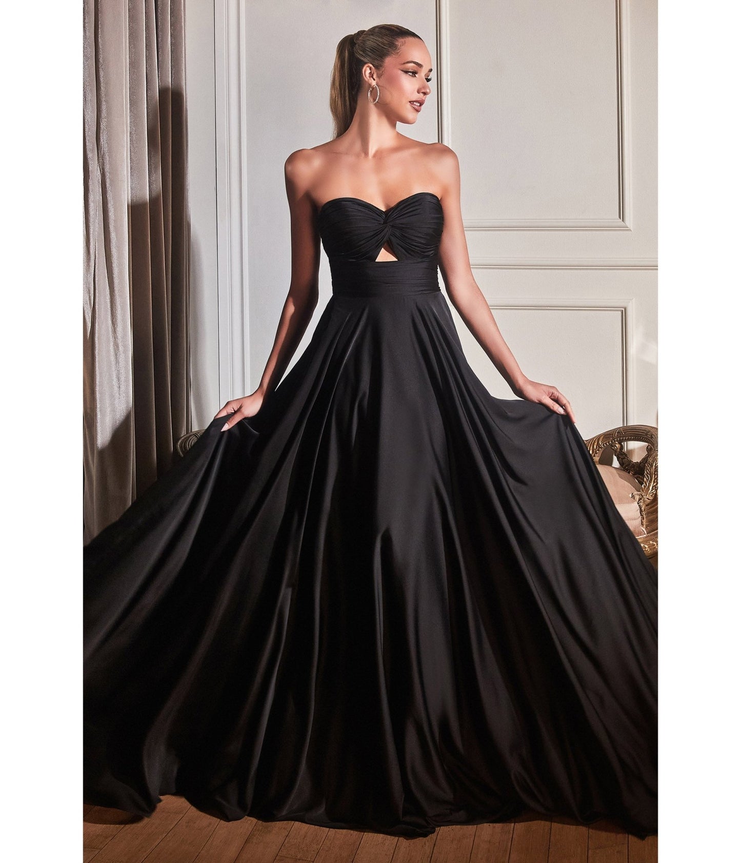 Black Satin Strapless Keyhole Evening Gown - Unique Vintage - Womens, DRESSES, PROM AND SPECIAL OCCASION