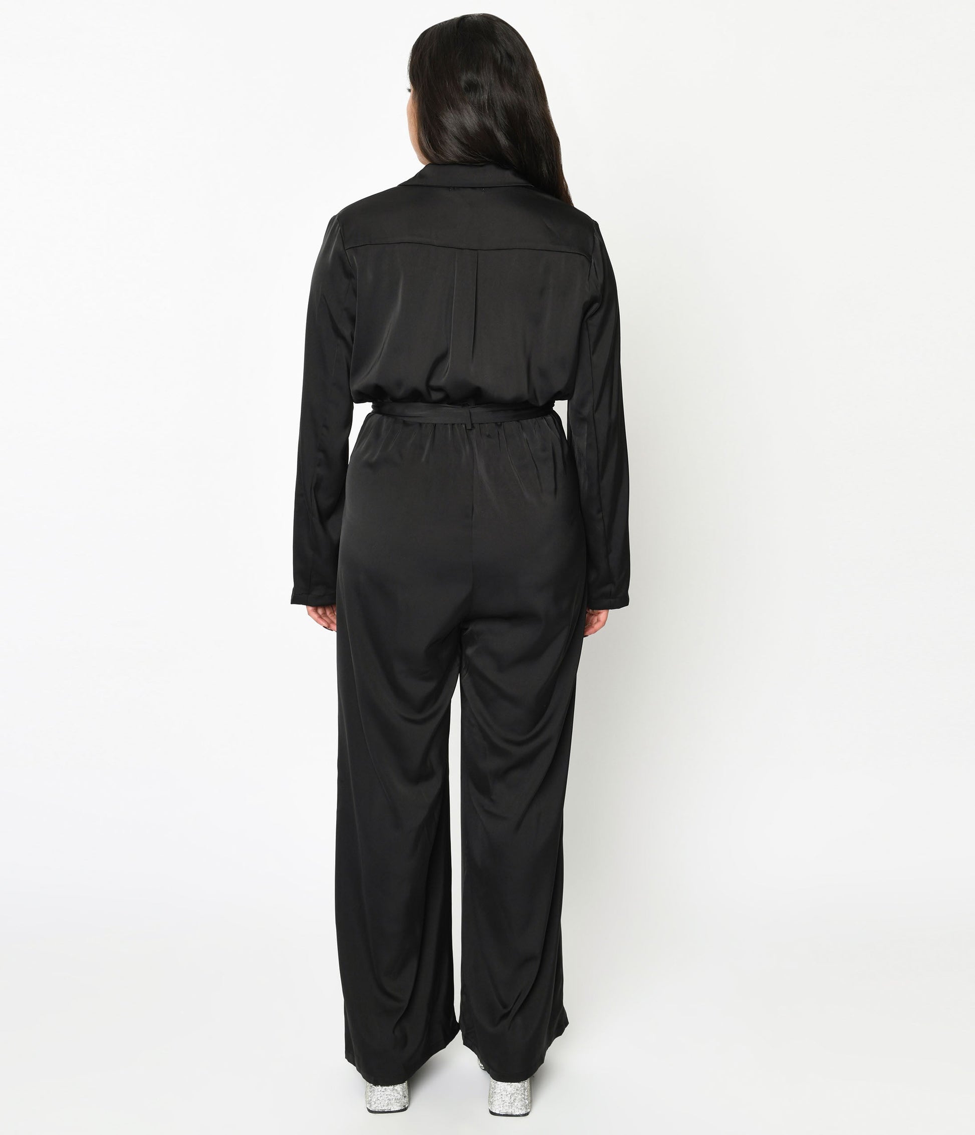 Black Satin Tie Waist Jumpsuit - Unique Vintage - Womens, BOTTOMS, ROMPERS AND JUMPSUITS