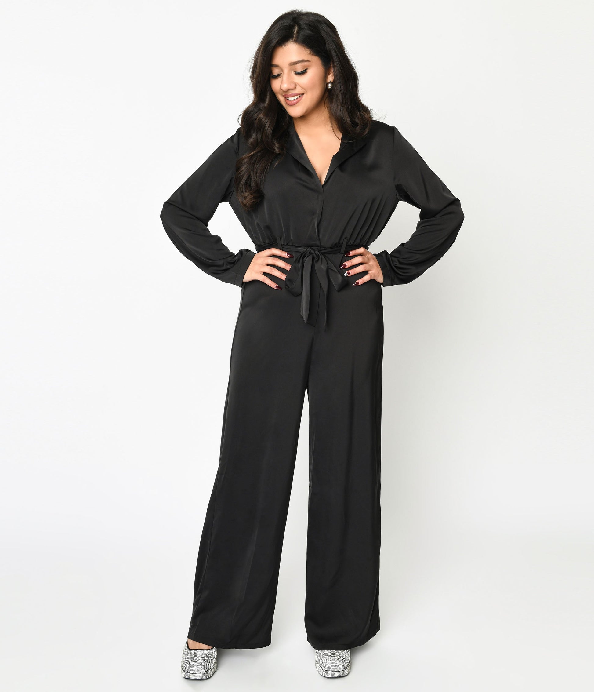 Black Satin Tie Waist Jumpsuit - Unique Vintage - Womens, BOTTOMS, ROMPERS AND JUMPSUITS