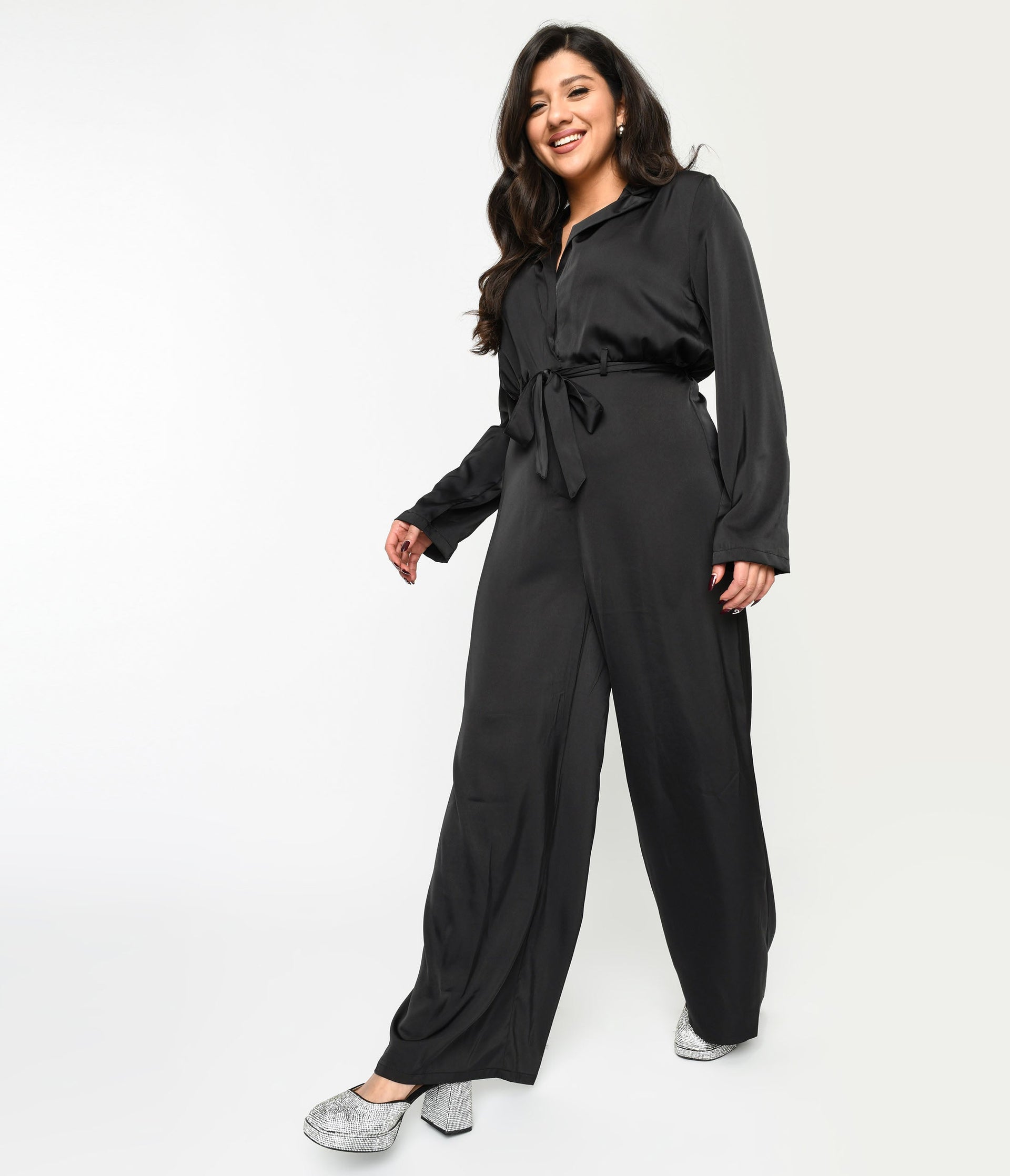 Black Satin Tie Waist Jumpsuit - Unique Vintage - Womens, BOTTOMS, ROMPERS AND JUMPSUITS